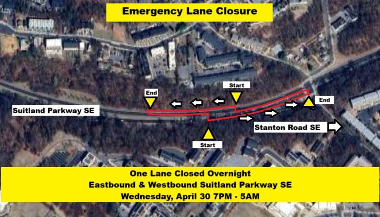 Suitland Parkway SE Emergency Lane Closure Map of emergency lane closure sutiland parkway se near Stanton Rd